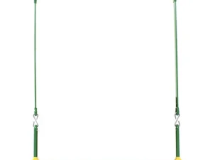 This is an image of a yellow swing seat with green ropes attached to it. The ropes are connected to metal hooks at the top. The background is plain white.