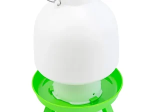 This is an image of a white plastic poultry waterer with a green base and stand. It has a handle on top for easy carrying