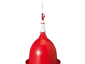 This is an image of a red poultry feeder or waterer. It has a dome-shaped top with a tray at the bottom and is designed to be hung, as indicated by the string attached to the top