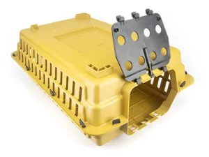 A yellow plastic animal carrier with ventilation slits on the sides and a black, perforated door that is open. The carrier is rectangular and designed for transporting small animals.