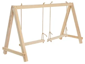 This is an image of a wooden swing set frame with two swings attached. The frame is A-shaped, and the swings are suspended by ropes. The structure appears to be made of light-colored wood.