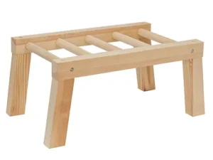 A small wooden stool with four legs and a flat top made of parallel wooden rods.