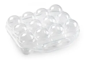 This is an image of a clear plastic egg storage container with a lid. It has compartments for holding a dozen eggs, and the lid has dome-shaped sections to accommodate the eggs.