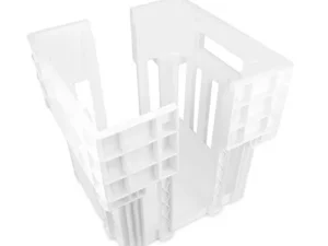 This is an image of a white, plastic, open-ended storage or organizational container. It has a grid-like structure with multiple compartments and is designed to hold items upright.