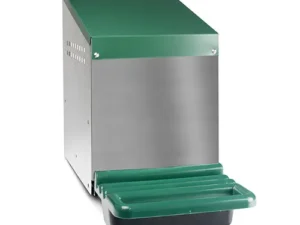 The image shows a green and silver automatic pet feeder with a tray at the bottom.