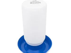 This is an image of a white plastic container with a blue base, likely used as a water or feed dispenser for small animals or birds.