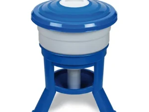 This is an image of a blue and white manual washing machine. It has a round lid with a handle on top and is supported by a three-legged stand.