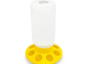 A plastic poultry feeder with a transparent cylindrical container on top and a yellow base with multiple feeding holes.