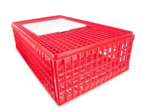 A red plastic crate with a grid pattern and a white label on top