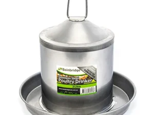 This is an image of a stainless steel poultry drinker with a 2-liter capacity. It has a cylindrical design with a handle on top and a tray at the bottom for water access.