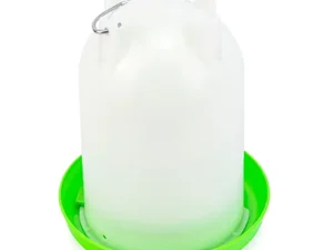 A white plastic poultry feeder with a green base and a metal handle on top.