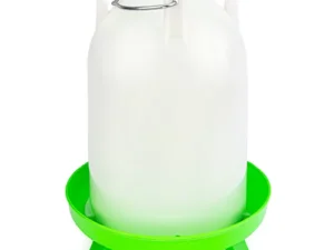 This is an image of a white plastic poultry feeder with a green base. It has a cylindrical shape with a handle on top for easy carrying. The feeder is designed to dispense feed for chickens or other poultry