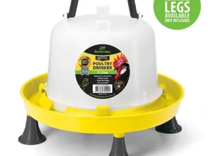 This is an image of a poultry drinker. It has a white container with a black handle on top and a yellow base. The label on the container indicates it has a 5-liter capacity. The drinker is shown with optional removable legs, which are not included.