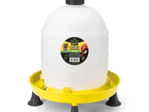 This is an image of a poultry drinker. It has a white, dome-shaped water container with a black handle on top. The base is yellow with a circular trough for water, supported by four black legs. There is a label on the container