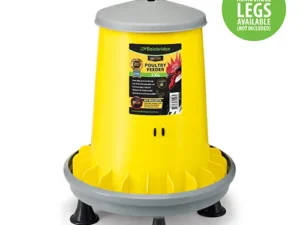 This is an image of a yellow poultry feeder with a gray lid and base. It has a label on the front and is shown with optional removable legs, which are not included..