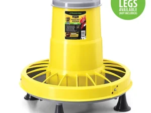 This is an image of a yellow and gray poultry feeder. It has a conical shape with a lid on top and a circular base with feeding slots. The feeder is elevated on four black legs, which are labeled as optional and removable. There is a label on the feeder with product information.