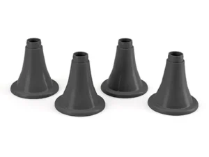 The image shows four black rubber chair leg caps. They are conical in shape with a wider base and a narrower top, designed to fit over the ends of chair legs to protect floors and reduce noise.