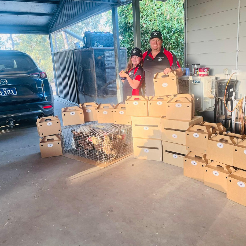A man and a woman stand in a garage next to a large stack of cardboard boxes. A car is parked nearby, and various items are stored in the background.