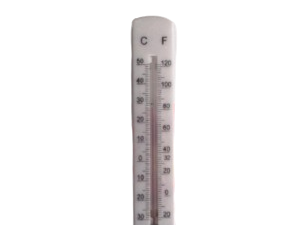 A vertical thermometer displaying temperatures in both Celsius and Fahrenheit. The Celsius scale ranges from -30 to 50 degrees, and the Fahrenheit scale ranges from -20 to 120 degrees. The thermometer has a red line indicating the current temperature.