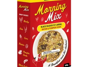 This is an image of a red box labeled "Morning Mix" by Bainbridge. It contains black soldier fly larvae, raisins, and pumpkin seeds. The box is 680g and is described as "A breakfast treat for chickens!" The design includes illustrations of barley, oats, corn, raisins, pumpkin seeds, and black soldier fly larvae.