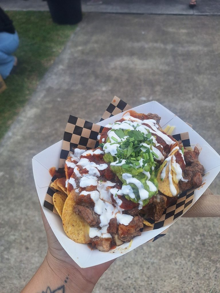 Loaded steak nachos from a market food truck