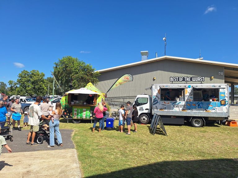 Food trucks serving market-goers at the Rosewood Showgrounds
